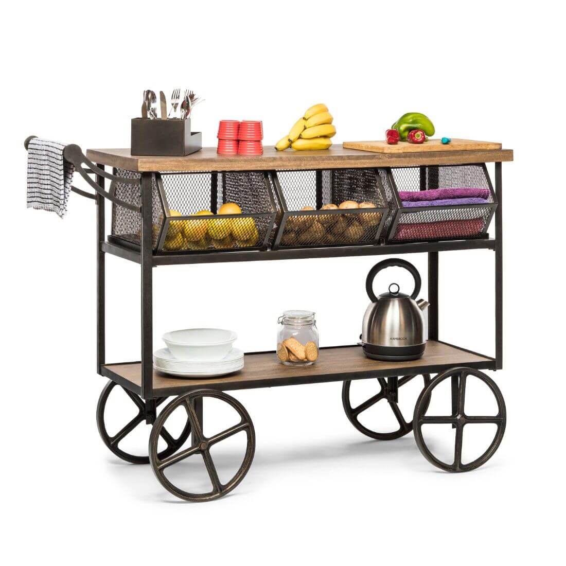 Kitchen Trolley with 3 Baskets - Wine Stash